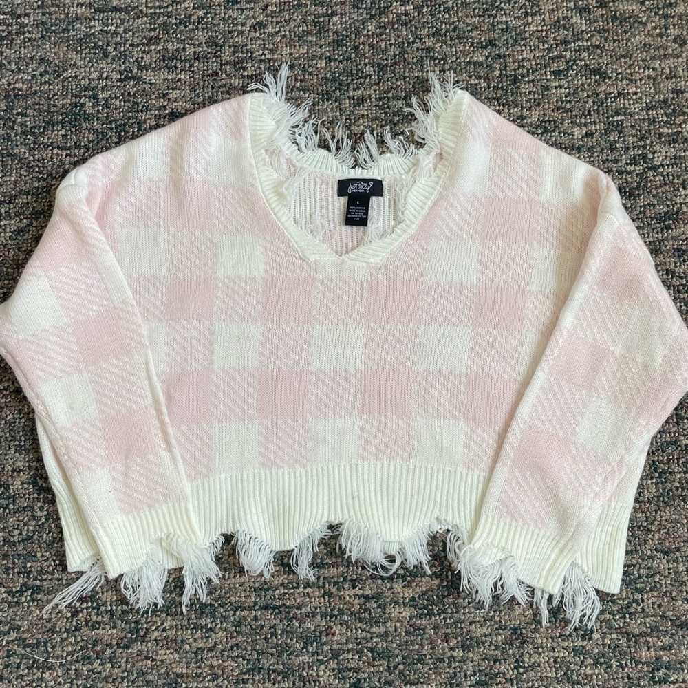 Pink and Cream Fringe Plaid Sweater Just Polly Size L